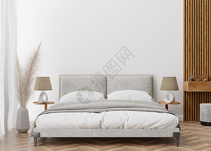 现代而舒适的卧室里空荡荡的白墙 模拟现代风格的室内装饰 自由空间 为您的图片 文字或其他设计复制空间 床 灯 镶木地板 蒲苇 3背景图片
