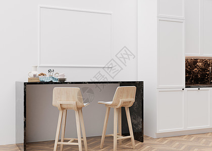 现代厨房白墙上的空水平相框 以极简主义 现代风格模拟室内装饰 自由空间 为您的图片 海报复制空间 桌子 椅子 3D 渲染图片