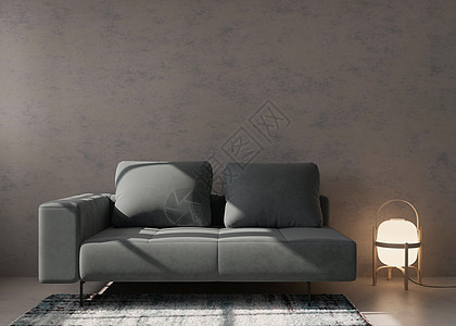 现代客厅的空混凝土墙 以极简主义 现代风格模拟室内装饰 自由空间 为您的图片 文字或其他设计复制空间 灰色沙发 灯 地毯 3D 图片