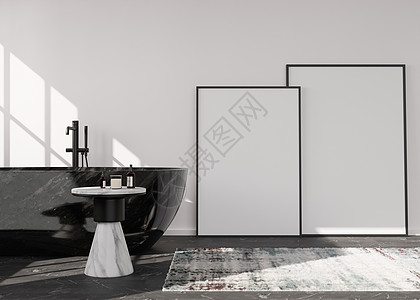 现代浴室中的两个空垂直相框 模拟现代风格的室内装饰 图片 海报的自由空间 浴室 桌子 地毯 3D 渲染图片