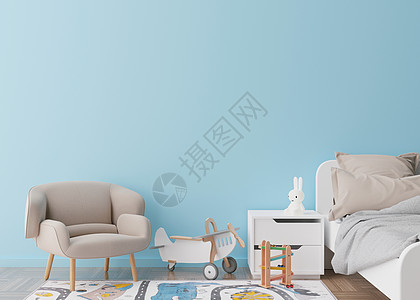 现代儿童房的空蓝墙 模拟现代风格的室内装饰 自由空间 为您的图片 文字或其他设计复制空间 床 扶手椅 玩具 舒适的儿童房 3D 图片