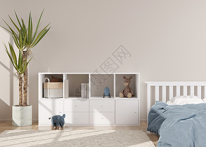 现代儿童房的空奶油墙 模拟斯堪的纳维亚风格的内饰 为您的图片 海报免费复制空间 床 控制台 植物 玩具 舒适的儿童房 3D 渲染背景