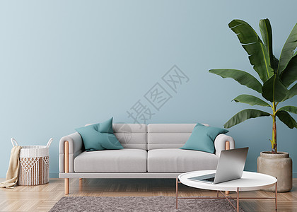 现代客厅里空荡荡的浅蓝色墙壁 模拟现代斯堪的纳维亚风格的室内装饰 免费复制图片 海报 文本或其他设计的空间 沙发 植物 桌子 3图片