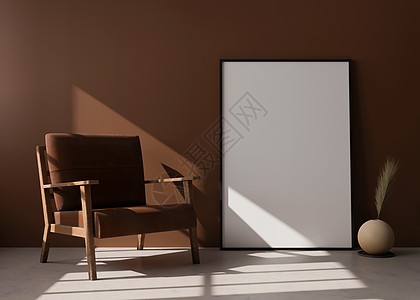 棕色海报在现代客厅的地板上站立的空垂直相框 模拟现代风格的室内装饰 图片 海报的自由空间 棕色扶手椅 带蒲苇的花瓶 3D 渲染背景