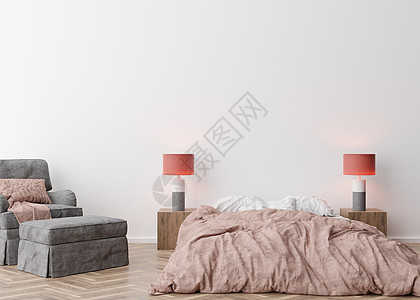 室内图现代而舒适的卧室里空荡荡的白墙 以极简主义 现代风格模拟室内装饰 自由空间 为您的图片 文字或其他设计复制空间 床 扶手椅 台灯背景