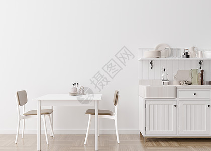 现代厨房中的空白墙 以极简主义 现代风格模拟室内装饰 自由空间 为您的图片 文字或其他设计复制空间 桌子 椅子 3D 渲染主义者图片