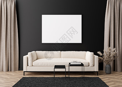 现代客厅黑墙上的空水平相框 模拟现代风格的室内装饰 为您的图片 海报免费复制空间 沙发 桌子 花瓶里的蒲苇 3D 渲染背景图片