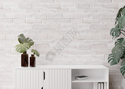 家具海报背景空的白色砖墙 模拟现代风格的室内装饰 特写视图 免费复制您的图片 文本或其他设计的空间 餐具柜 龟背竹植物 3D 渲染背景