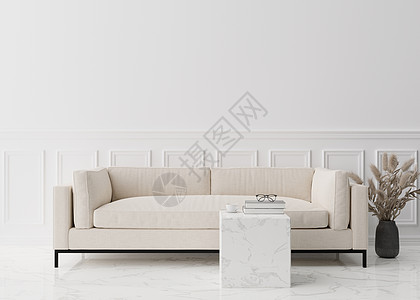 家具海报背景现代客厅的空白墙 模拟现代风格的室内装饰 免费复制图片 海报 文本或其他设计的空间 沙发 桌子 蒲苇 3D 渲染背景