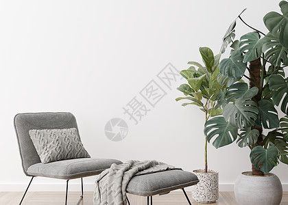 现代客厅的空白墙 模拟现代斯堪的纳维亚风格的室内装饰 免费复制图片 海报 文本或其他设计的空间 扶手椅 植物 3D 渲染图片