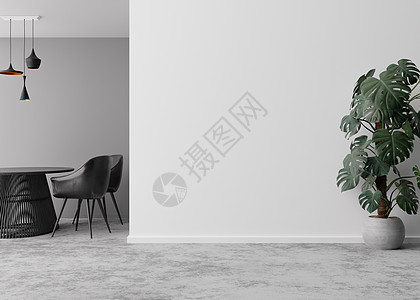空荡荡的房间 水泥地板和浅灰色的墙壁 带椅子的桌子 龟背竹植物 模拟室内 为您的家具 图片 装饰品和其他物品提供免费 复制空间 图片