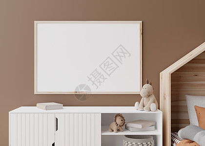 现代儿童房棕色墙上的空水平相框 模拟斯堪的纳维亚风格的内饰 为您的图片 海报免费复制空间 特写视图 舒适的儿童房 3D 渲染房间图片