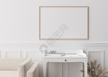 现代客厅白墙上的空相框 模拟现代风格的室内装饰 特写视图 您的图片 海报的可用空间 控制台 花瓶 蒲苇 3D 渲染图片