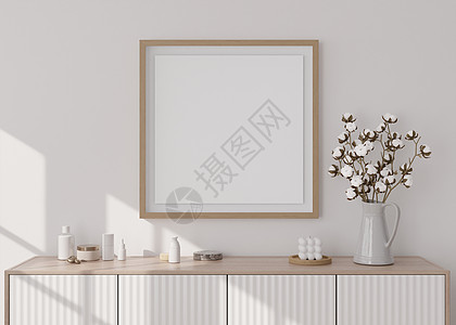 现代客厅白墙上的空方形相框 以极简主义 斯堪的纳维亚风格模拟室内装饰 免费 复制图片空间 控制台 棉花植物 花瓶 3D 渲染背景