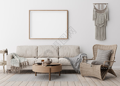 现代客厅白墙上的空水平相框 模拟波西米亚风格的室内装饰 为您的图片 海报免费复制空间 藤制扶手椅 花边 木地板 3D 渲染图片