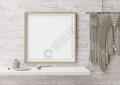 现代房间白砖墙上的空方形相框 模拟现代波西米亚风格的室内装饰 免费 复制图片空间 花边 3D 渲染图片