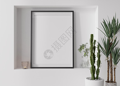 现代客厅白墙上的空垂直相框 模拟现代斯堪的纳维亚风格的室内装饰 免费 复制图片空间 植物 蜡烛 特写 3D 渲染图片