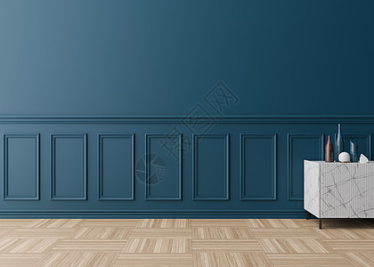 空荡荡的房间 蓝色的墙壁 装饰线条和镶木地板 只有墙壁 地板和餐具柜 模拟室内 免费复制您的家具 图片和其他物品的空间 3D 渲图片