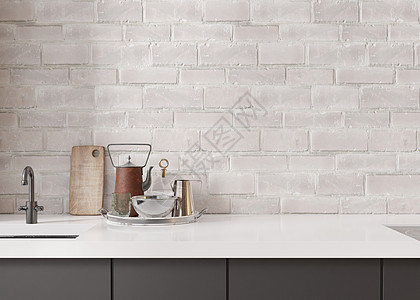 厨房里的空白色砖墙 模拟室内 特写视图 为您的图片或其他小物件免费复制空间 3D 渲染图片