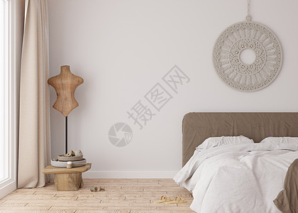 现代卧室的空白墙 模拟斯堪的纳维亚 波西米亚风格的室内装饰 免费复制您的图片 文本或其他设计的空间 床 花边 3D 渲染图片