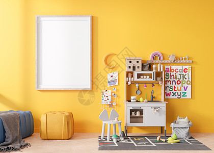 现代儿童房黄墙上的空垂直相框 模拟斯堪的纳维亚风格的内饰 免费 为您的图片复制空间 玩厨房 玩具 舒适的儿童房 3D 渲染图片