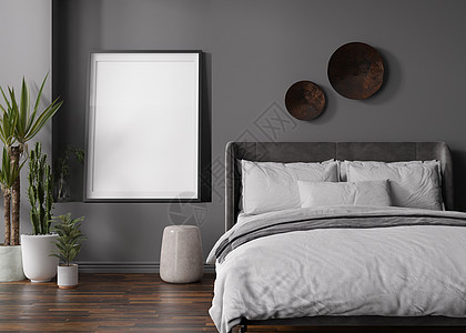 3D室内图现代卧室灰色墙上的空垂直相框 模拟现代风格的室内装饰 免费 为您的图片复制空间 床 植物 3D 渲染背景