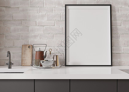 站立在现代厨房的空的垂直的画框 以极简主义 现代风格模拟室内装饰 为您的图片 海报免费复制空间 特写视图 3D 渲染照片艺术主义图片