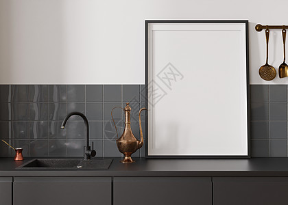 站立在现代厨房的空的垂直的画框 以极简主义 现代风格模拟室内装饰 为您的图片 海报免费复制空间 特写视图 3D 渲染极简主义者照图片
