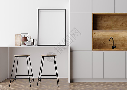 站立在现代厨房的空的垂直的画框 模拟现代风格的室内装饰 为您的图片 海报免费复制空间 厨房 吧椅 镶木地板 3D 渲染图片