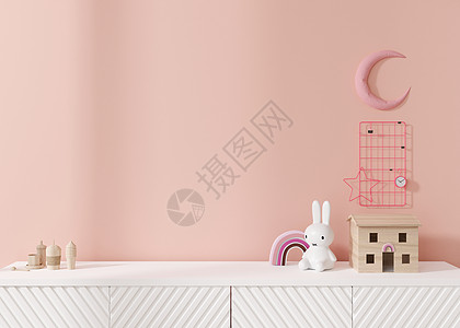 空荡荡的粉红色墙壁 以现代风格模拟儿童房内部 特写视图 为您的图片或其他小物件免费复制空间 餐具柜 玩具 3D 渲染 儿童房模型图片