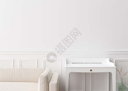 现代客厅的空白墙 模拟现代风格的室内装饰 免费复制您的图片 文本或其他设计的空间 沙发 桌子 带干草的花瓶 3D 渲染图片