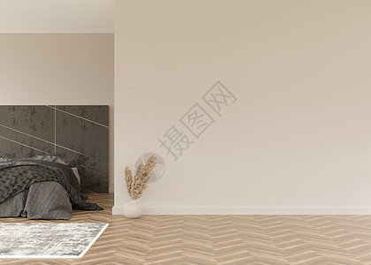 有镶木地板 奶油色墙壁和空的空间的室 床 地毯 蒲苇 模拟室内 为您的家具 图片 装饰品和其他物品提供免费 复制空间 3D 渲染背景图片