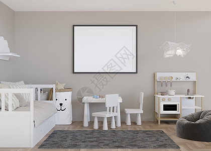 现代儿童房浅灰色墙上的空水平相框 模拟斯堪的纳维亚风格的内饰 免费 复制图片空间 床 玩具 舒适的儿童房 3D 渲染图片