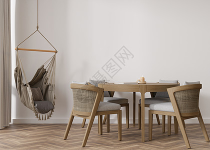 现代客厅的空白墙 模拟波西米亚风格的室内装饰 免费复制您的图片 文本或其他设计的空间 带椅子的桌子 悬挂的扶手椅 3D 渲染图片