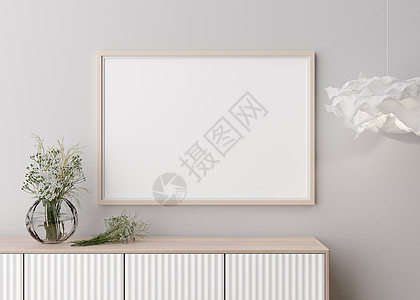 现代客厅白墙上的空水平相框 以极简主义 现代风格模拟室内装饰 您的图片的自由空间 控制台 花瓶中的鲜花 台灯 3D 渲染图片