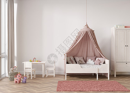 室内装饰图现代儿童房的空白墙 模拟现代斯堪的纳维亚风格的室内装饰 为您的图片或复制空间 床 桌子 玩具 舒适的儿童房 3D 渲染背景