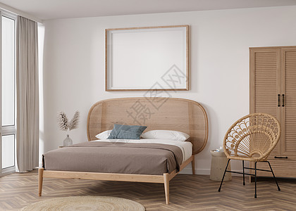 现代卧室白墙上的空水平相框 模拟波西米亚风格的室内装饰 为您的图片 海报免费复制空间 床 藤制扶手椅 蒲苇 3D 渲染背景图片
