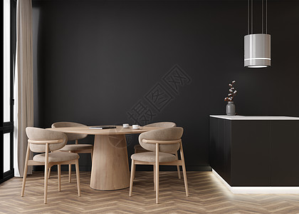 现代客厅里空荡荡的黑墙 模拟现代风格的室内装饰 免费复制您的图片 文本或其他设计的空间 带椅子的餐桌 厨房 镶木地板 3D 渲染图片
