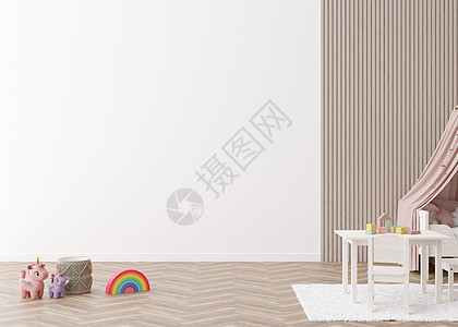 儿童房壁纸演示模型 现代儿童房的空白墙 为您的墙纸设计 墙贴或其他装饰复制空间 斯堪的纳维亚风格的内饰 3D 渲染艺术建筑学3d图片
