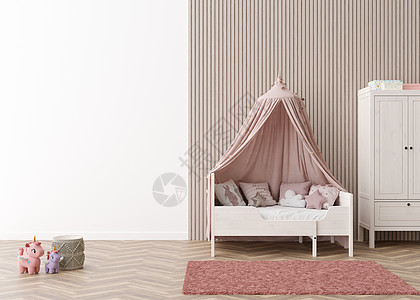 儿童房壁纸演示模型 现代儿童房的空白墙 为您的墙纸设计 墙贴或其他装饰复制空间 斯堪的纳维亚风格的内饰 3D 渲染孩子们孩子艺术图片