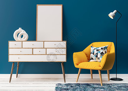 客厅蓝色墙壁上的空白垂直相框 在现代室内模拟海报框架 黄色扶手椅 木制控制台 3D 渲染 3D 插图 自由空间 为您的设计复制空图片