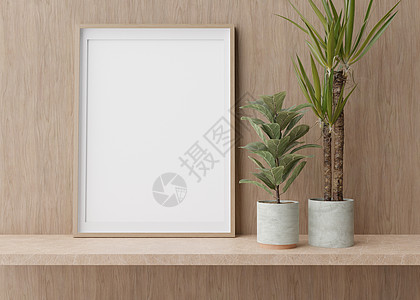 空的垂直相框站在现代房间的架子上 模拟现代风格的室内装饰 免费 复制图片空间 植物 3D 渲染卧室木头照片安慰海报公寓小样装饰极图片
