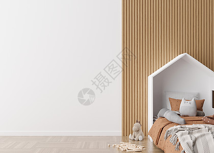 儿童房壁纸演示模型 现代儿童房的空白墙 为您的墙纸设计 墙贴或其他装饰复制空间 斯堪的纳维亚风格的内饰 3D 渲染公寓3d海报主图片