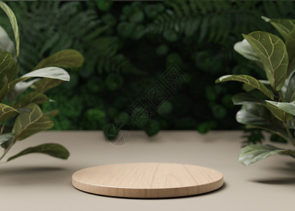 背景有树叶和植物的木制讲台 产品 化妆品展示台 自然模拟 美容产品的基座或平台 空旷的场景 3D 渲染图片