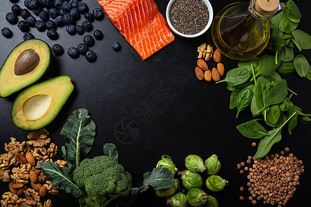 健康食物背景 有良好的脂肪来源 富含脂肪酸的成分菠菜产品豆子海鲜养分核桃扁豆亚麻医疗豆芽图片