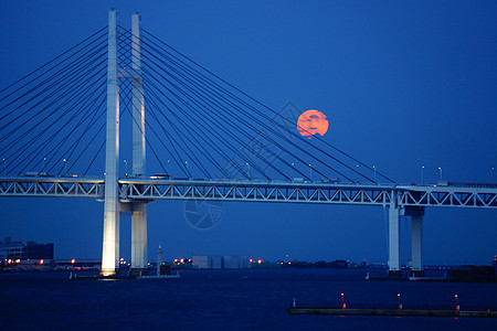 中秋美塔吉和横滨湾桥建筑月夜满月海洋夜景天文学月月夜空月光图片
