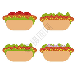 一套平式热狗 不同种类的配香肠和其他成分的快餐和香肠图片