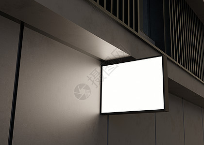 空白的招牌模拟 在立面上 复制商店标志或徽标的空间 现代空旷的户外标牌 添加公司标志的样机 商店招牌 黑墙上的照明灯箱 3d 渲图片
