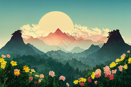 鲜花盛开和日出时的山丘 山上的花朵山脉高山山峰全景岩石冒险顶峰假期爬坡森林图片