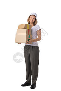 带箱子的送货妇女女孩运输船运导游纸板纸盒服务送货员邮政盒子图片